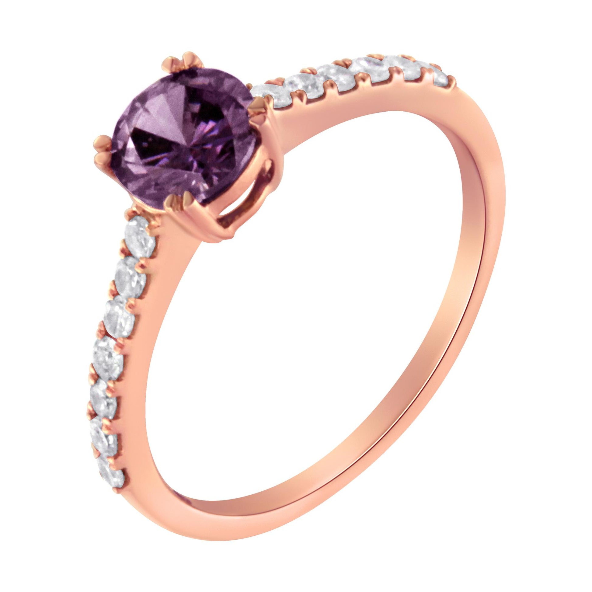 Rose metal ring with a round purple gemstone center and small white gemstones along the upper band, shown from a slightly angled side view.
