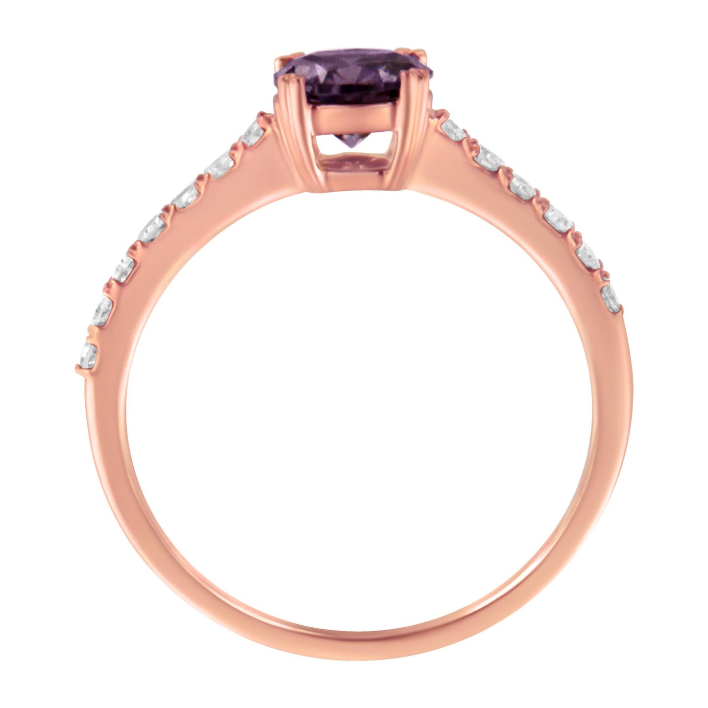 Side view of a rose-colored ring featuring a round purple gemstone in prong setting at the center and round white gemstones in prong settings along the band.