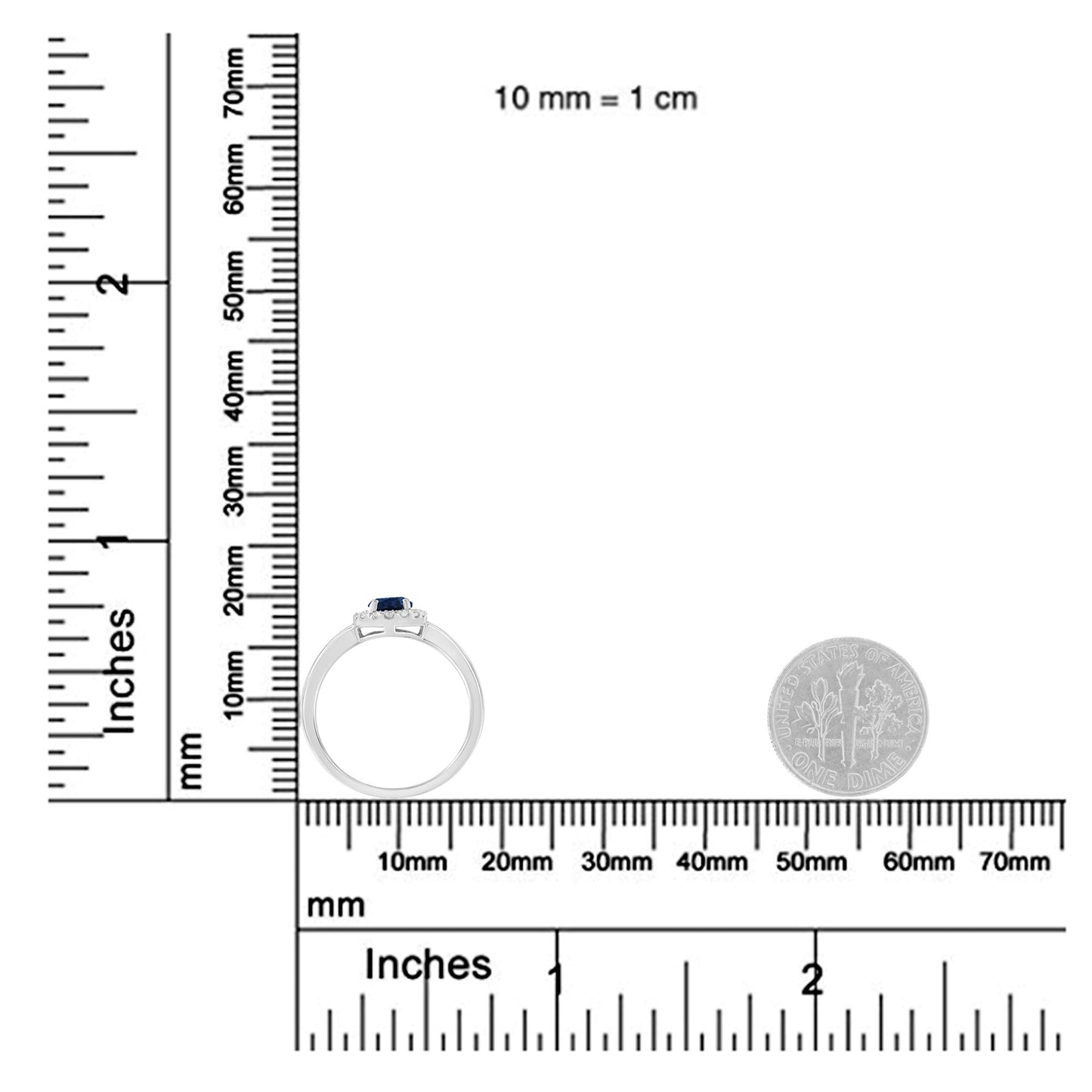 White metal ring with a blue oval gemstone center and multiple small white round gemstones around it in prong settings, shown from the side on a ruler and scale for size reference.