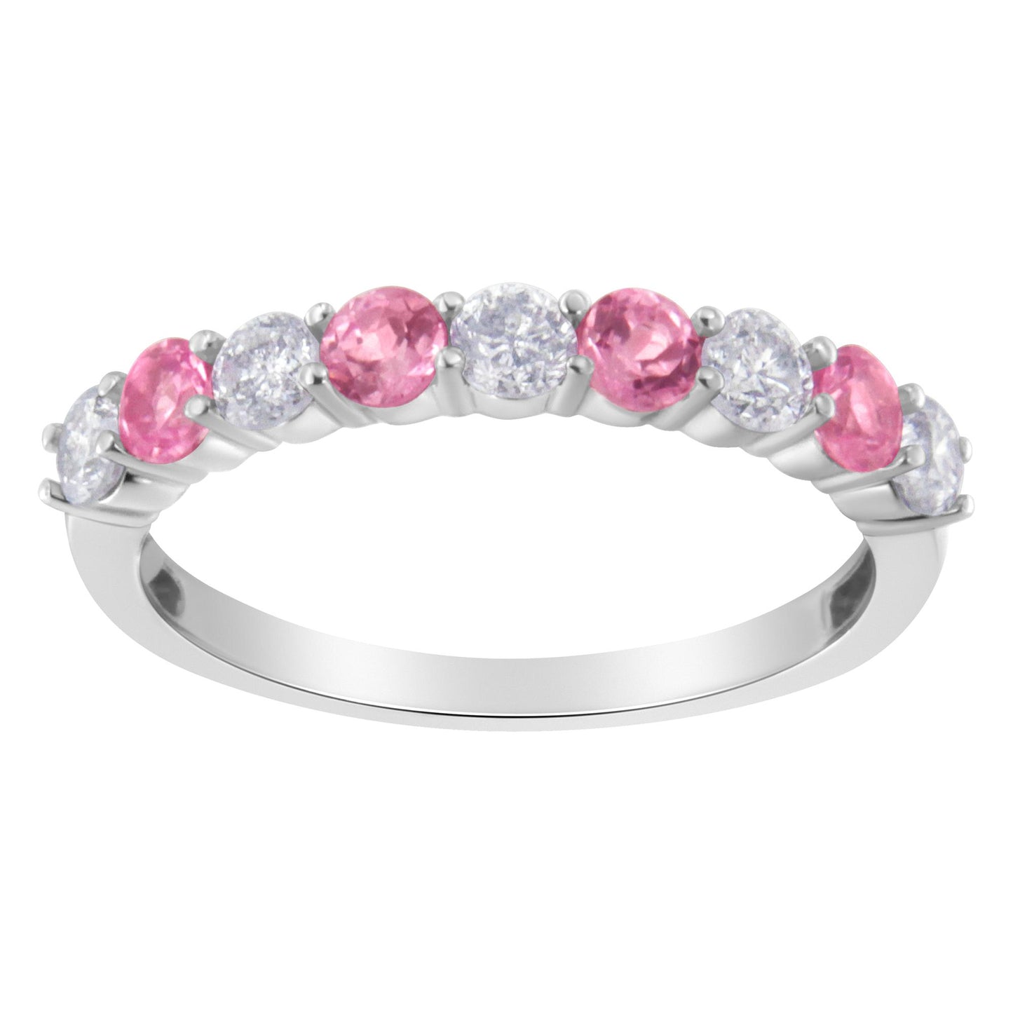 White metal ring with alternating round white and pink gemstones in prong settings, shown from a side angle.