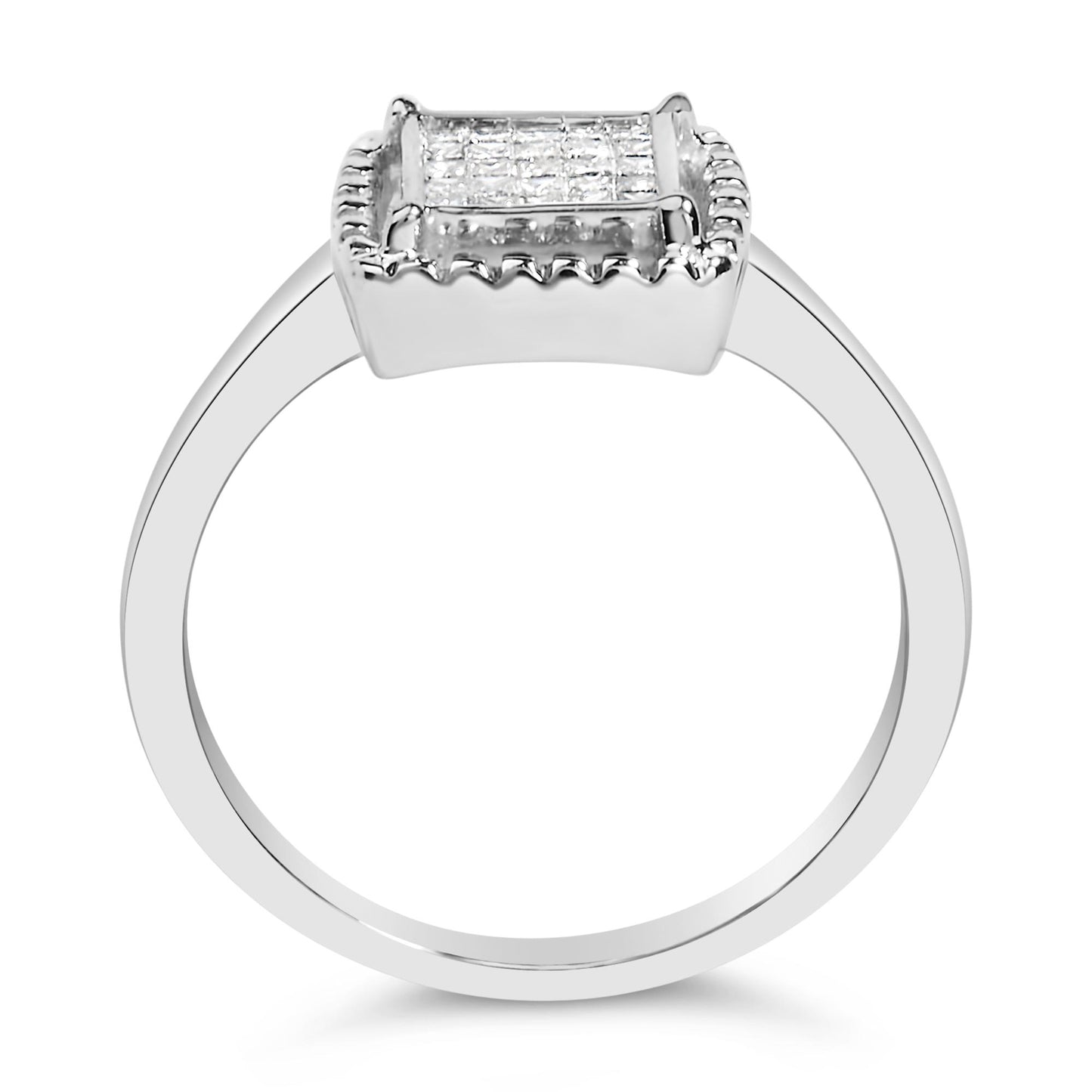 Front view of a white metal ring featuring a rectangular cluster of princess-shaped white gemstones in an invisible setting.