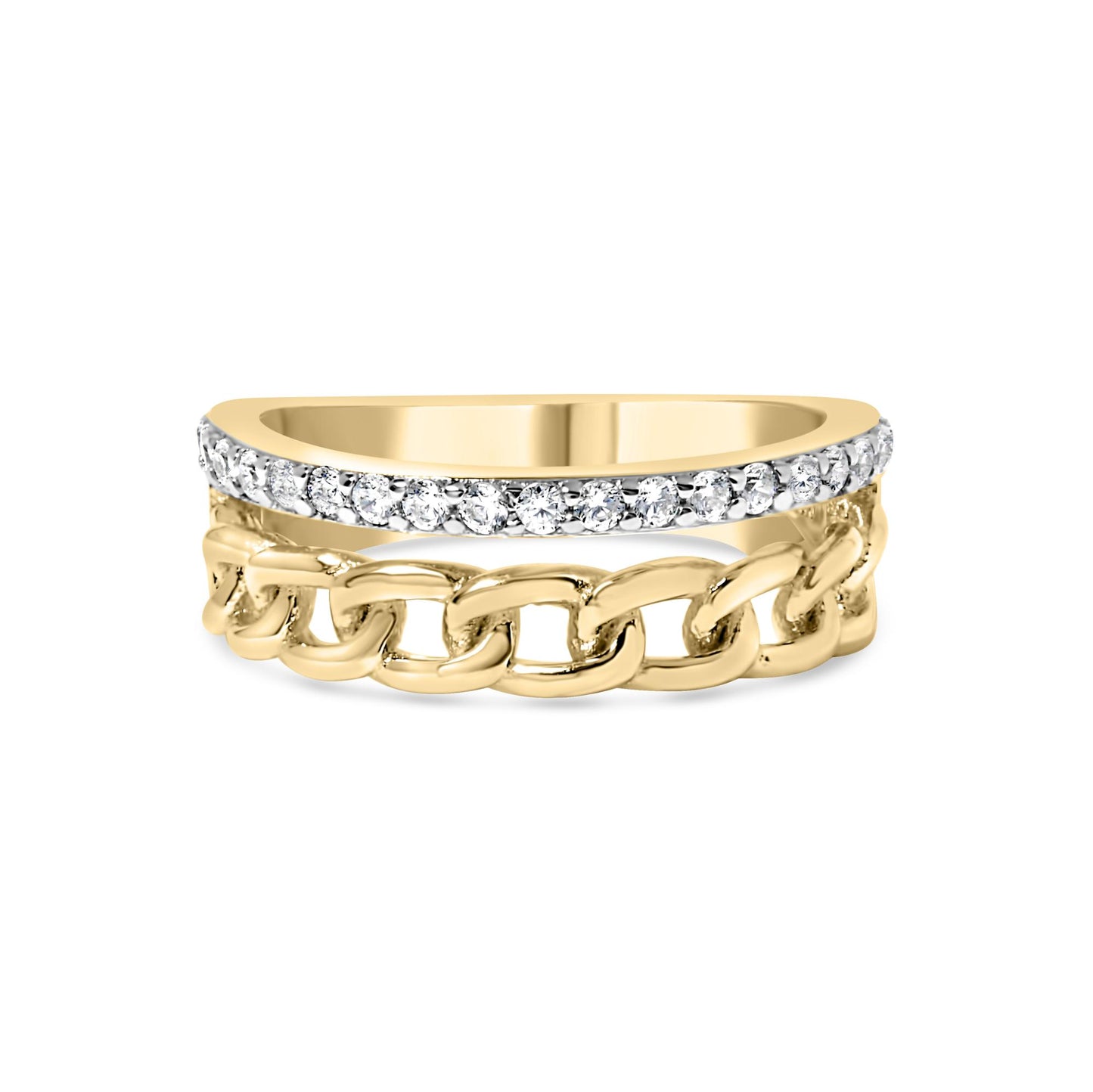 Front view of a yellow metal ring with linked chain design and a band featuring a row of round white gemstones in shared prong setting.