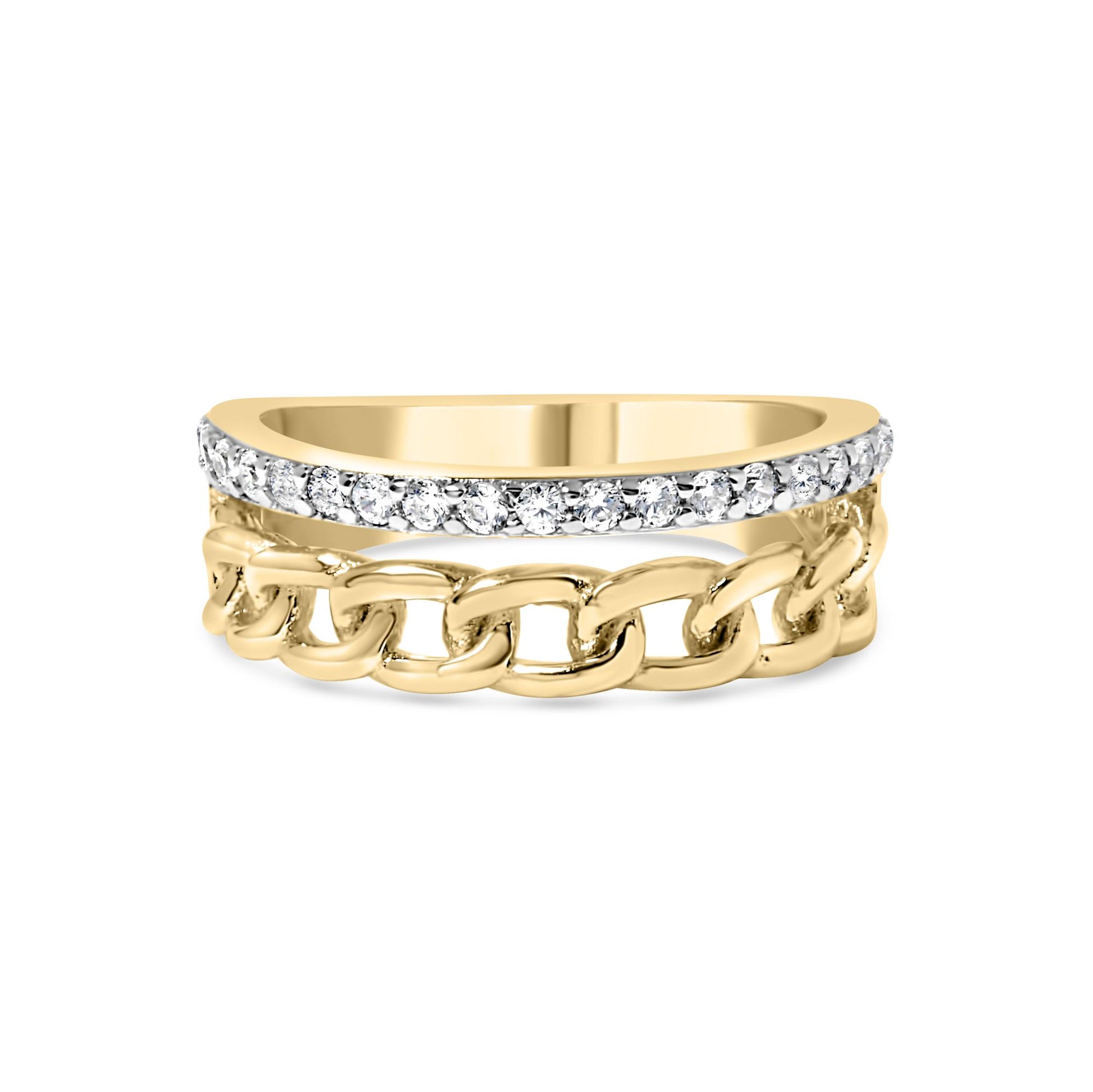 Front view of a yellow metal ring with linked chain design and a band featuring a row of round white gemstones in shared prong setting.