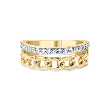 Front view of a yellow metal ring with linked chain design and a band featuring a row of round white gemstones in shared prong setting.