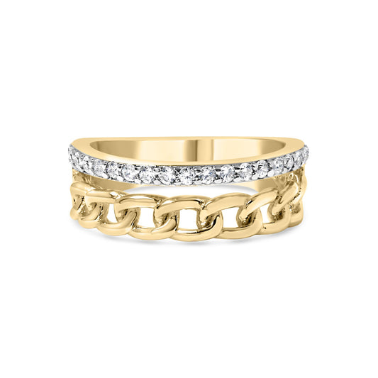 Front view of a yellow metal ring with linked chain design and a band featuring a row of round white gemstones in shared prong setting.