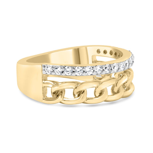 Yellow metal ring with a chain link design and a row of round white gemstones in shared prong setting, shown at a slight side angle.