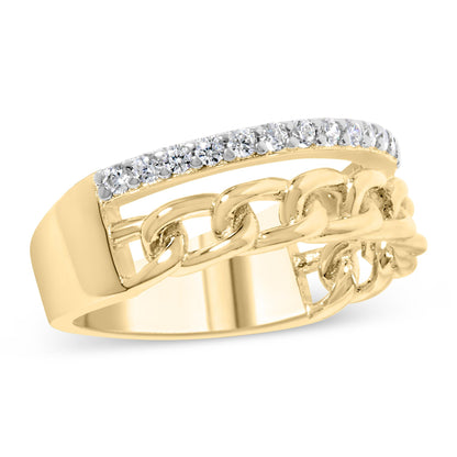 Yellow metal ring with an open chain link design and a row of round white gemstones in shared prong setting along the top, shown at a slight side angle.