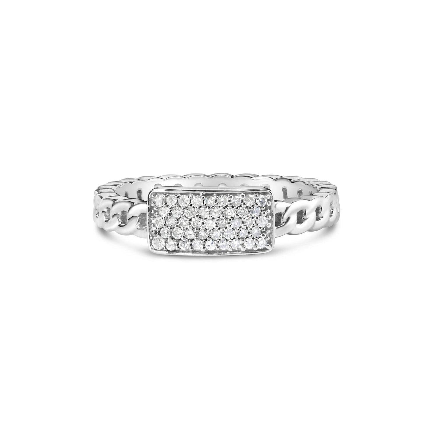 Front angle view of a white metal ring with a rectangular face paved with round white gemstones in prong settings and a linked band.
