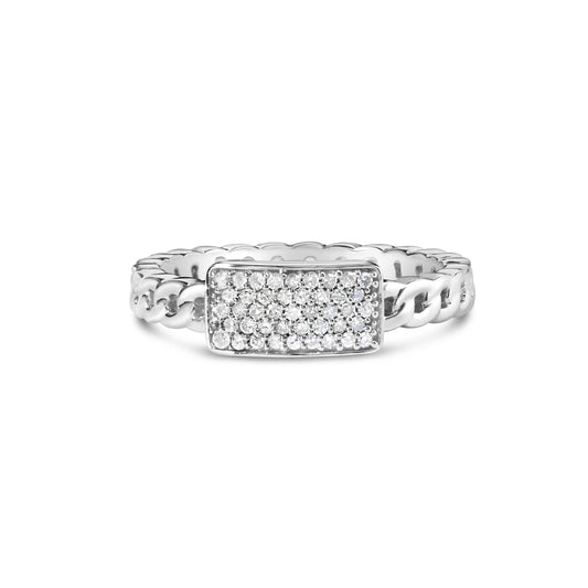Front angle view of a white metal ring with a rectangular face paved with round white gemstones in prong settings and a linked band.