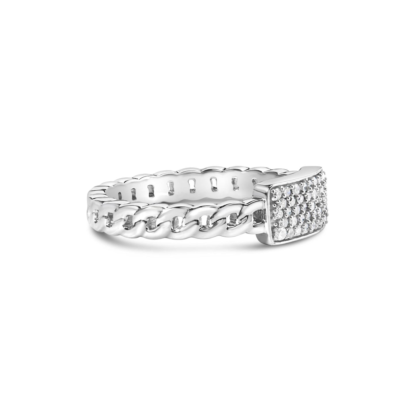 White metal ring with a braided band and a rectangular top set with multiple round white gemstones, shown from a side angle.