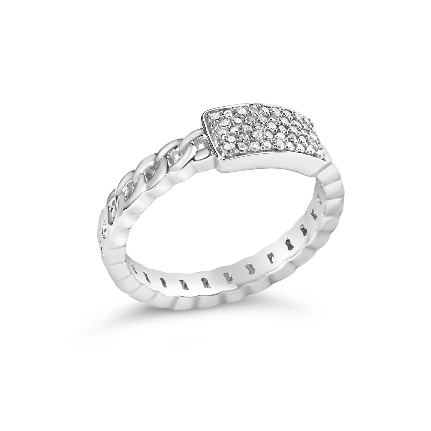 White metal ring with a twisted band and a rectangular top pavé set with round white gemstones, shown at a slight angle.