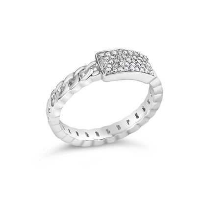 White metal ring with a twisted band and a rectangular top pavé set with round white gemstones, shown at a slight angle.