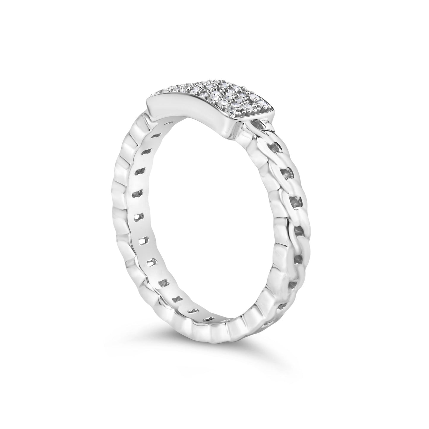 White metal ring with a textured band and a rectangular top set with multiple small round white gemstones, shown at an angled side view.