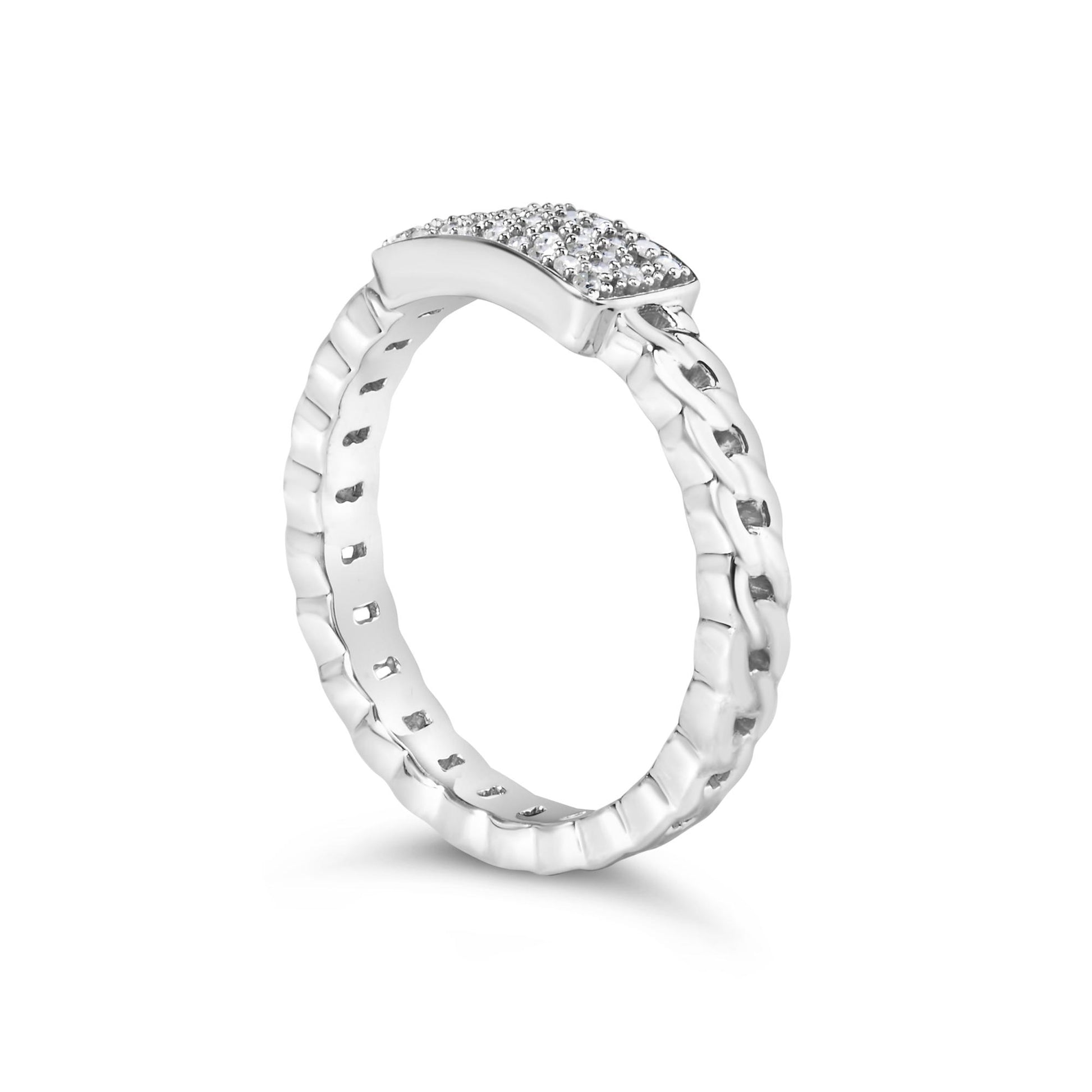 White metal ring with a textured band and a rectangular top set with multiple small round white gemstones, shown at an angled side view.