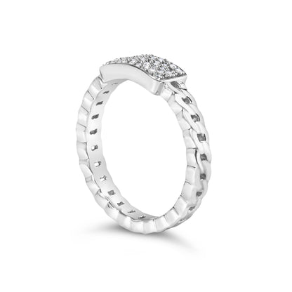 White metal ring with a textured band and a rectangular top set with multiple small round white gemstones, shown at an angled side view.