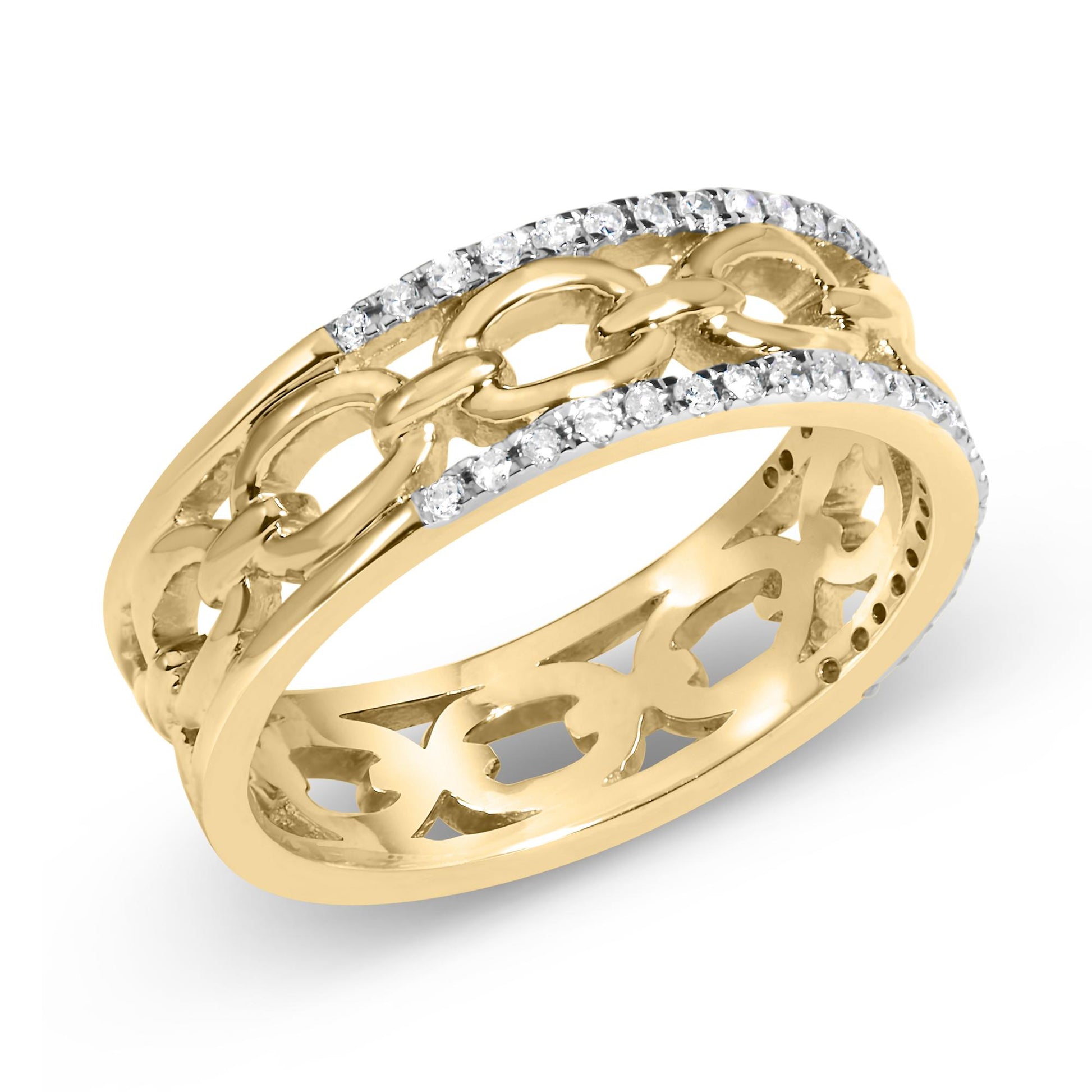 Yellow metal ring with an open-link chain design in the center and two rows of white round gemstones in channel settings along the edges, shown at a slight angle.