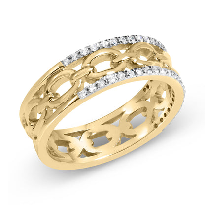 Yellow metal ring with an open-link chain design in the center and two rows of white round gemstones in channel settings along the edges, shown at a slight angle.