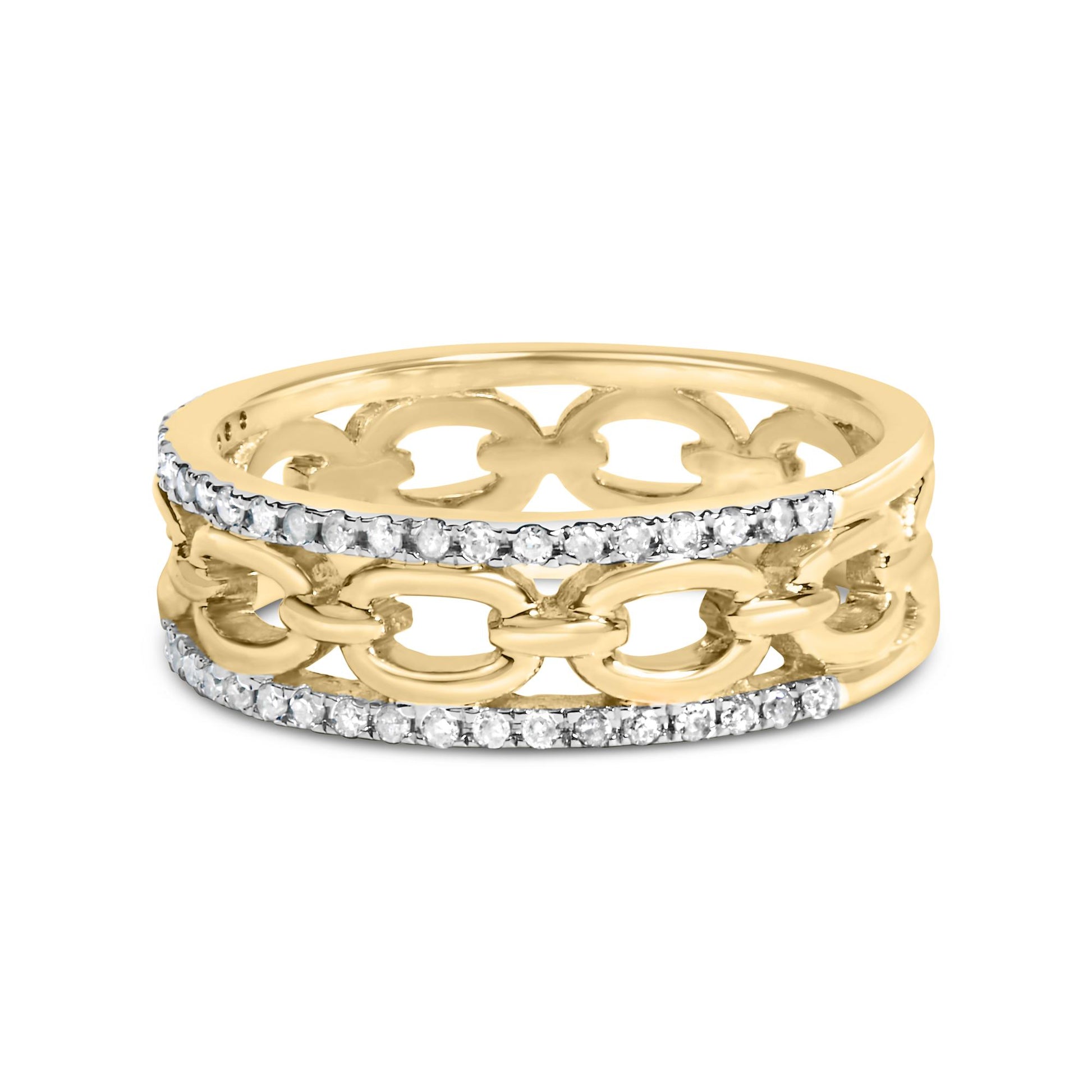 Yellow metal ring with two rows of round white gemstones in channel setting, featuring an open chain link design, shown from a front angle.