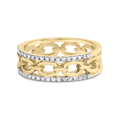 Yellow metal ring with two rows of round white gemstones in channel setting, featuring an open chain link design, shown from a front angle.