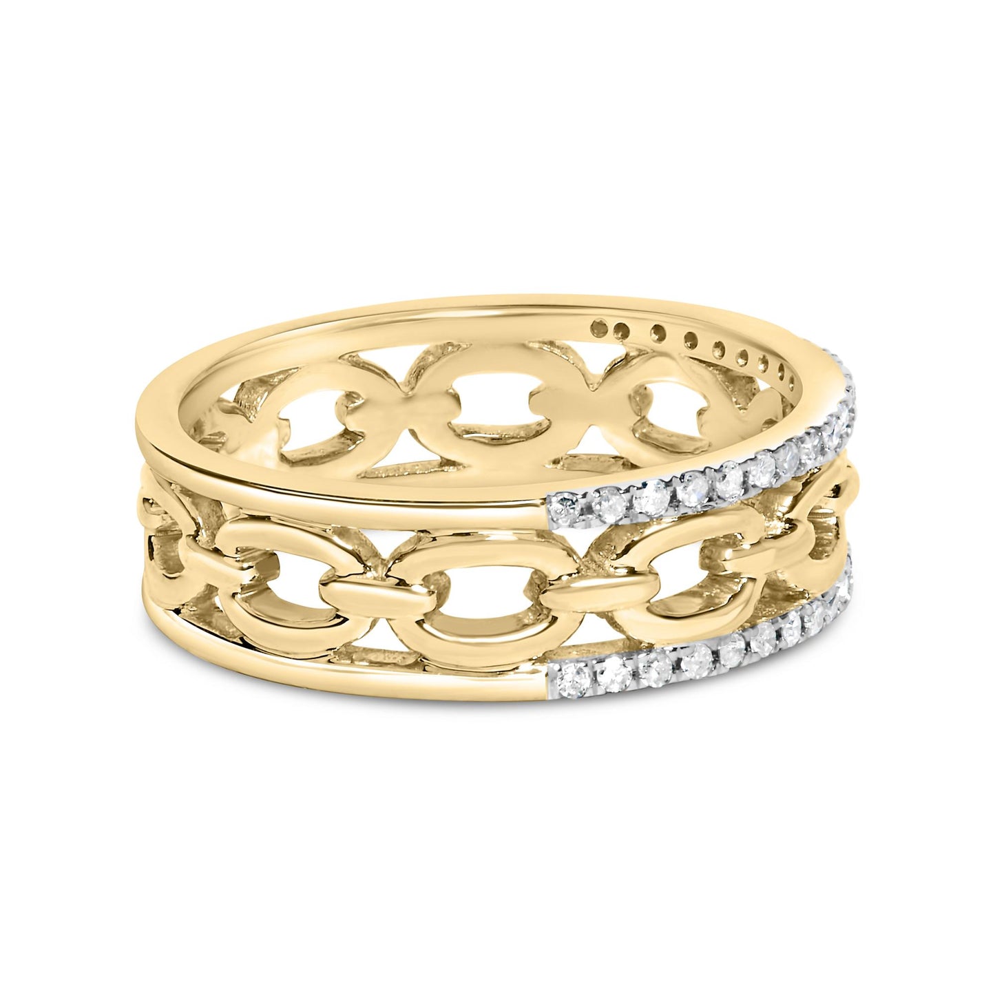 Yellow metal ring with openwork chain design and two rows of channel-set round white gemstones, shown in a close-up angled side view.