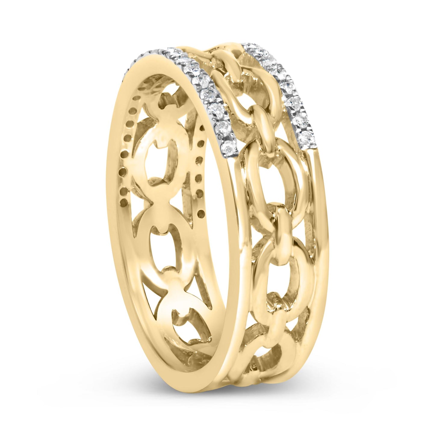 Yellow metal ring with a linked chain design in the center and two rows of white gemstones in channel settings along the edges, shown from an angled close-up view.