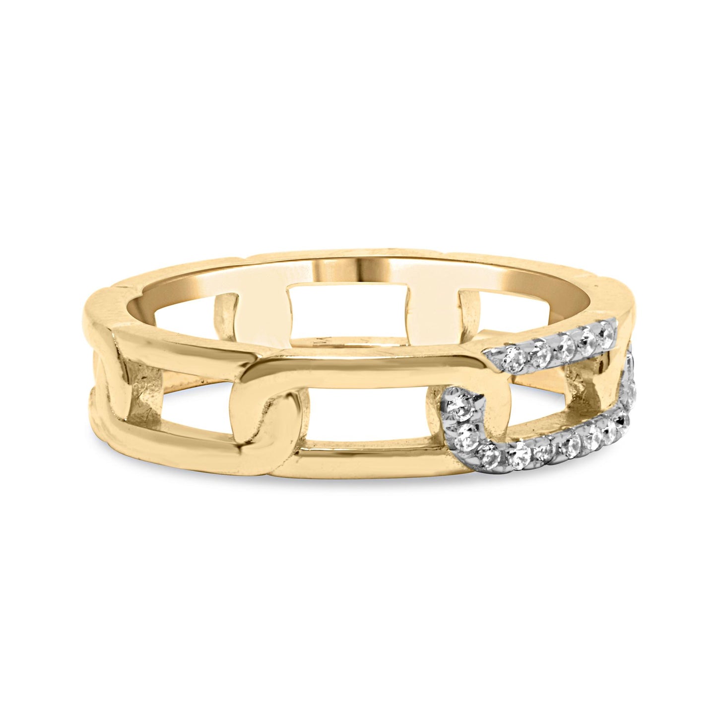 Yellow metal ring with an open rectangular link design, featuring a partial perimeter set of white round gemstones, shown from a front angle.