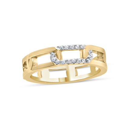 Yellow ring with open rectangular chain link design featuring round white gemstones in channel setting, shown at a slight angle.
