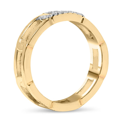 Yellow ring with channel-set round white gemstones, shown from a slightly tilted side angle.