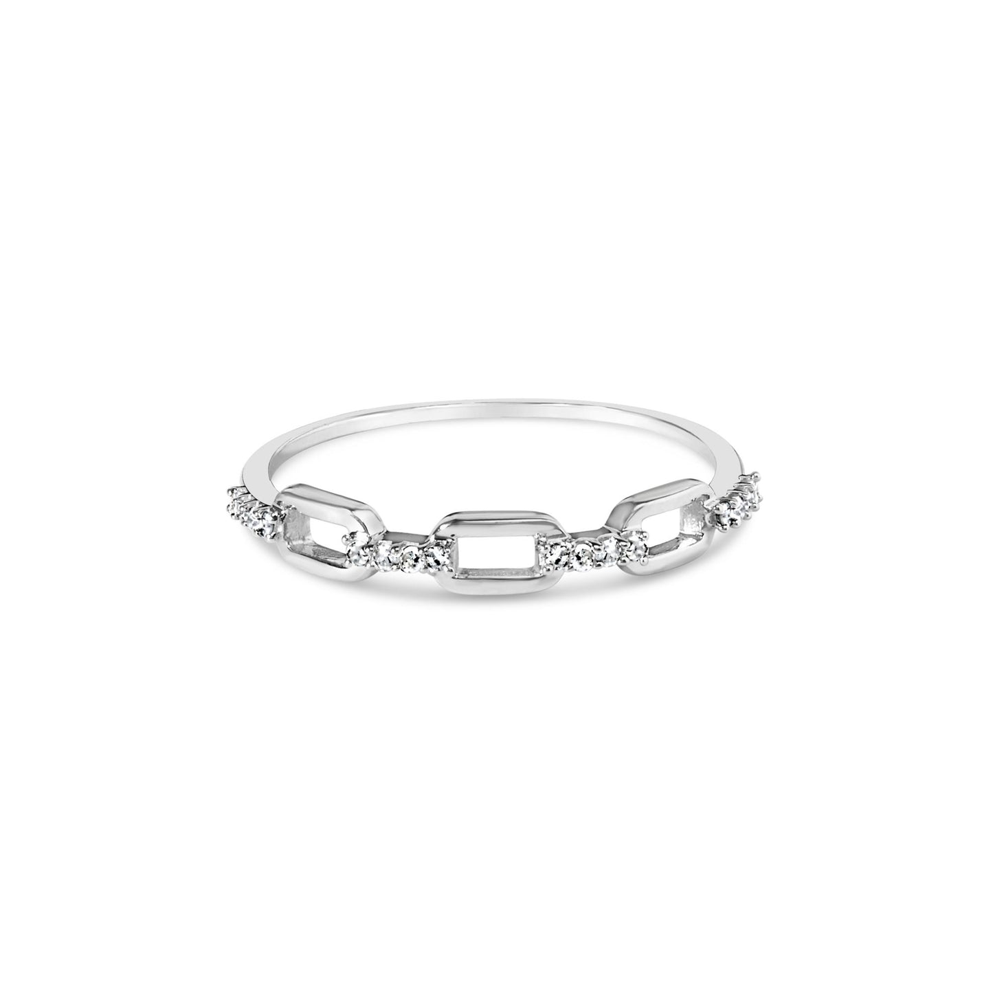 White metal ring with alternating rectangular links and round white gemstones in prong settings, front-facing angle.