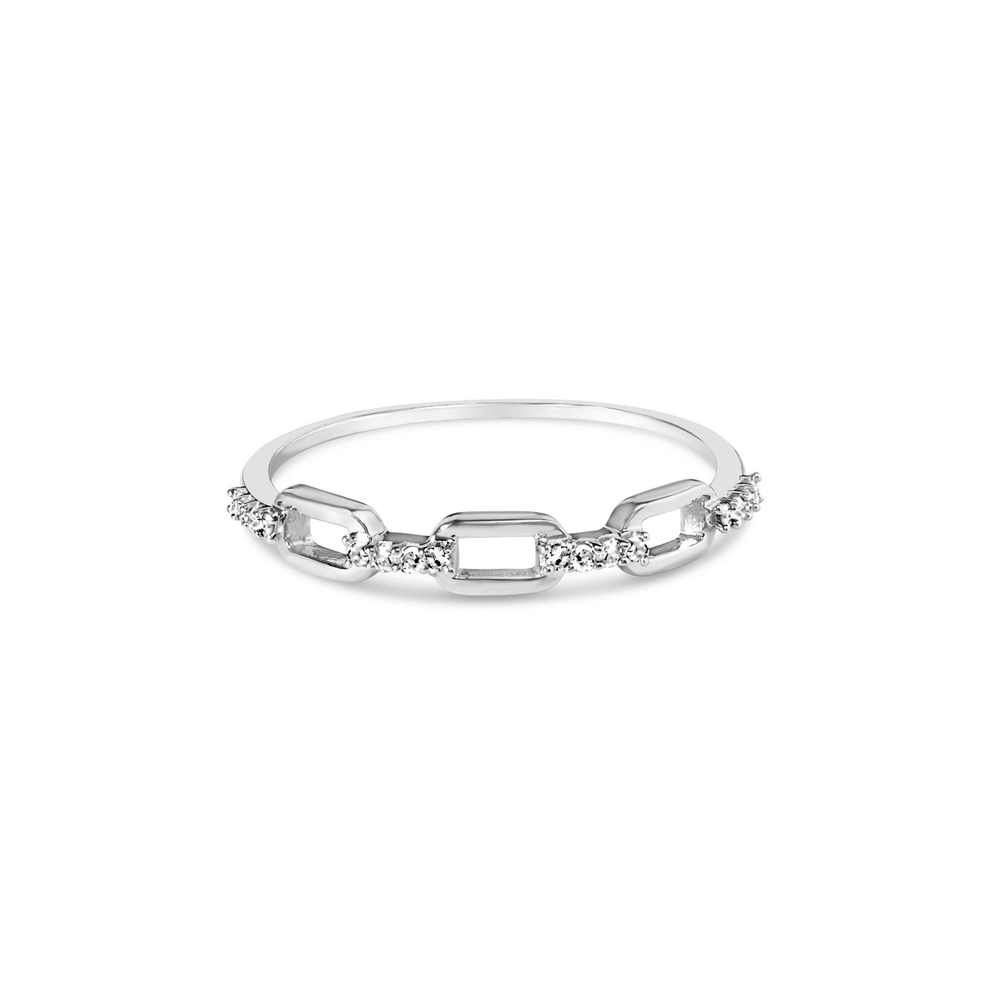 White metal ring with alternating rectangular links and round white gemstones in prong settings, front-facing angle.