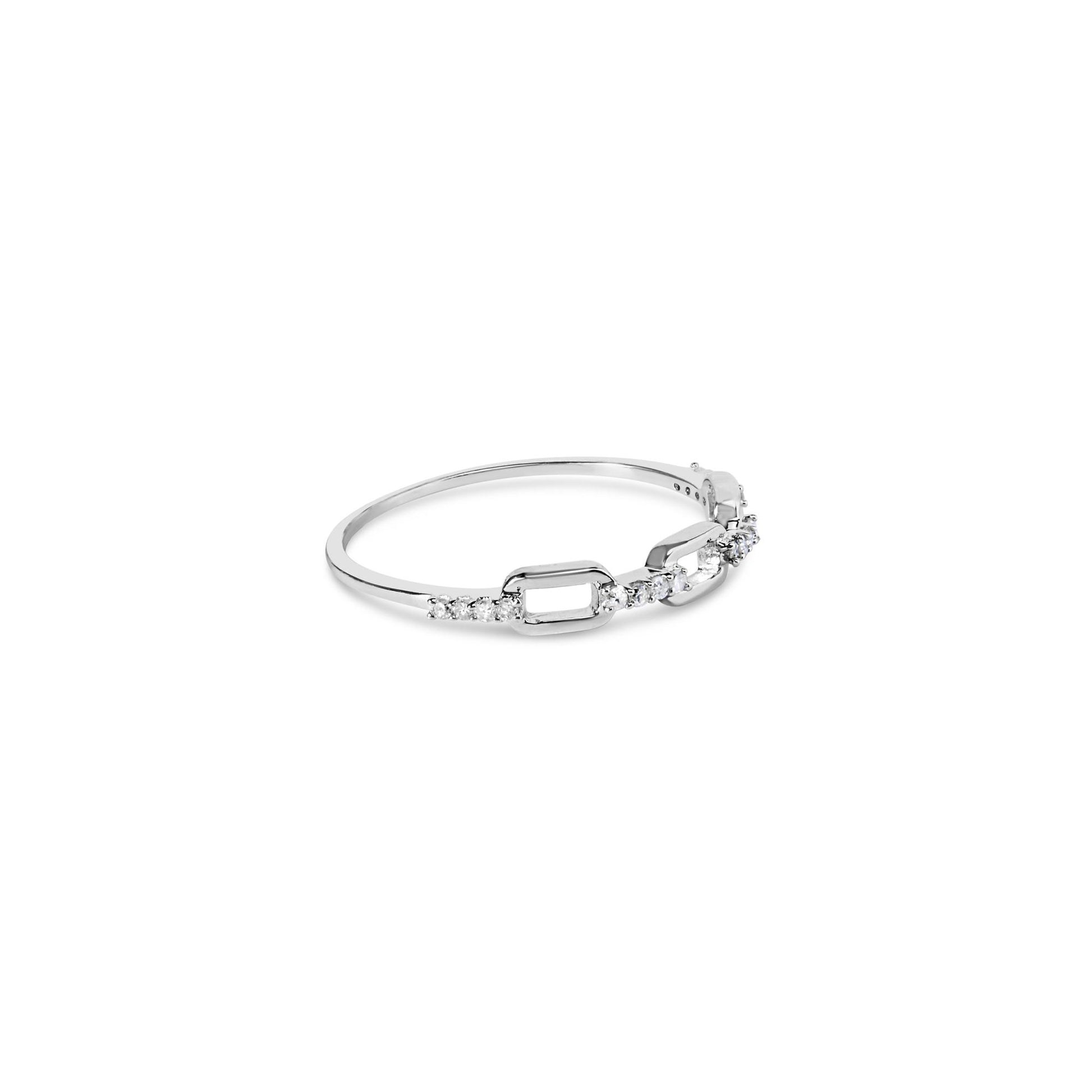 White metal ring with round white gemstones in prong settings and rectangular-shaped links, shown from a side angle.