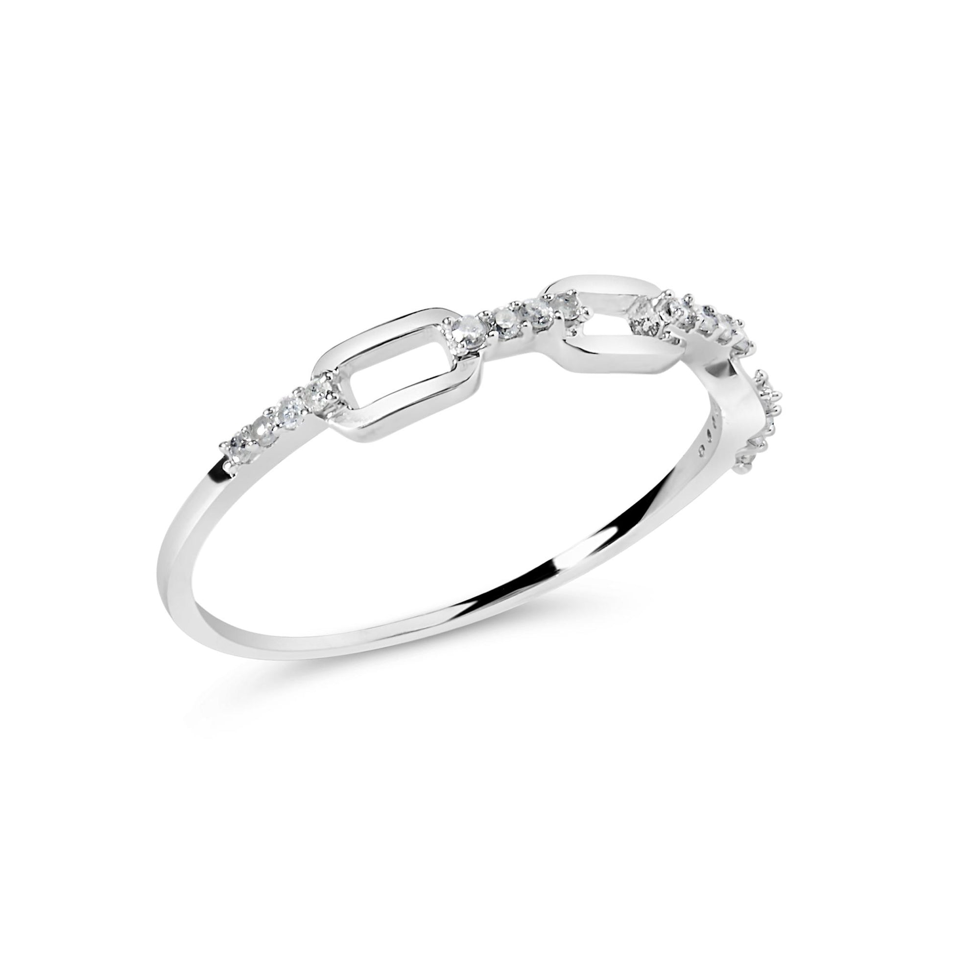 White metal ring with round white gemstones in prong settings and rectangular cutouts, shown at an angled side view.