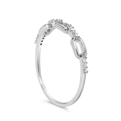 White metal ring with prong-set round white gemstones in an open-link design, side angle view.