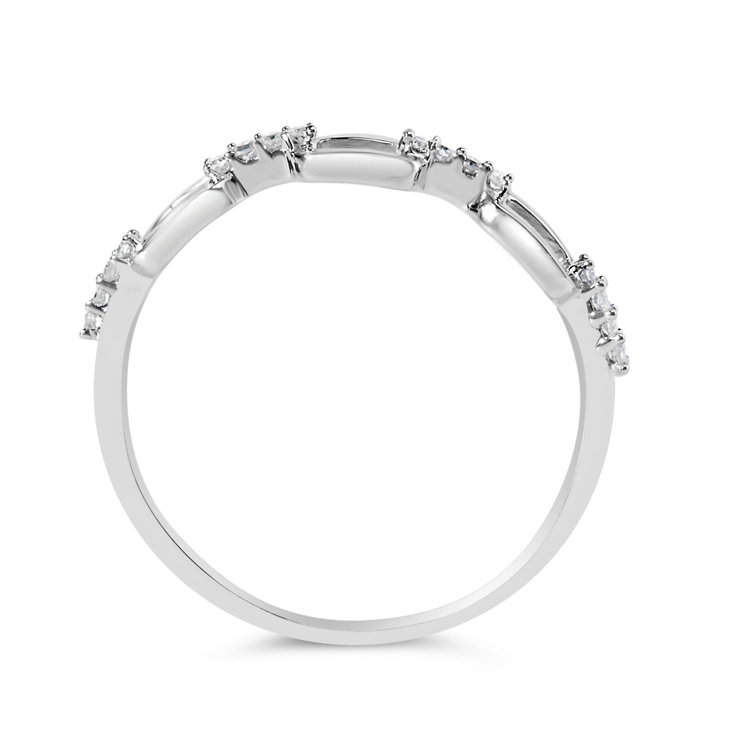 Front close-up view of a white metal ring with round white gemstones set in prongs along the top band.