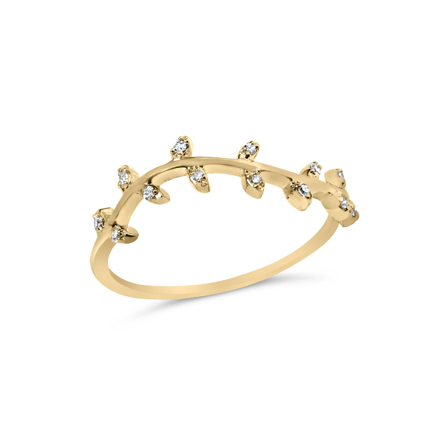 Yellow metal ring with a curved design featuring multiple prong-set round white gemstones, shown at an angled side view.