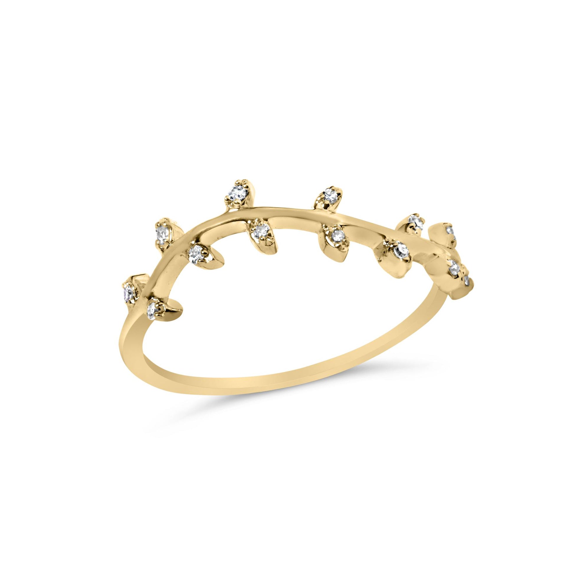 Yellow metal ring with a curved design featuring multiple prong-set round white gemstones, shown at an angled side view.