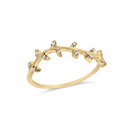 Yellow metal ring with a curved design featuring multiple prong-set round white gemstones, shown at an angled side view.
