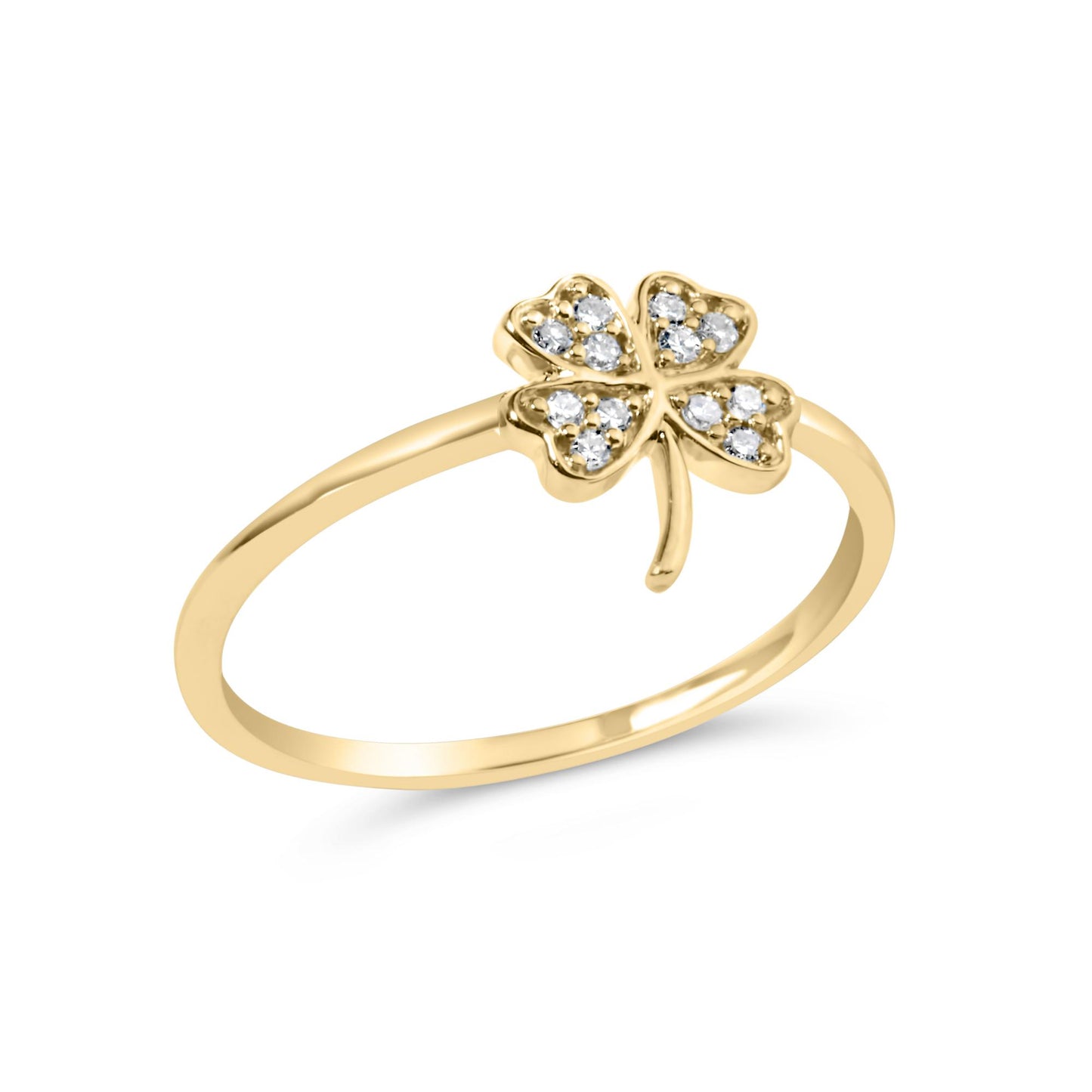 Yellow metal ring with a four-leaf clover design adorned with round white gemstones in prong settings, shown at a slight angled top-down view.