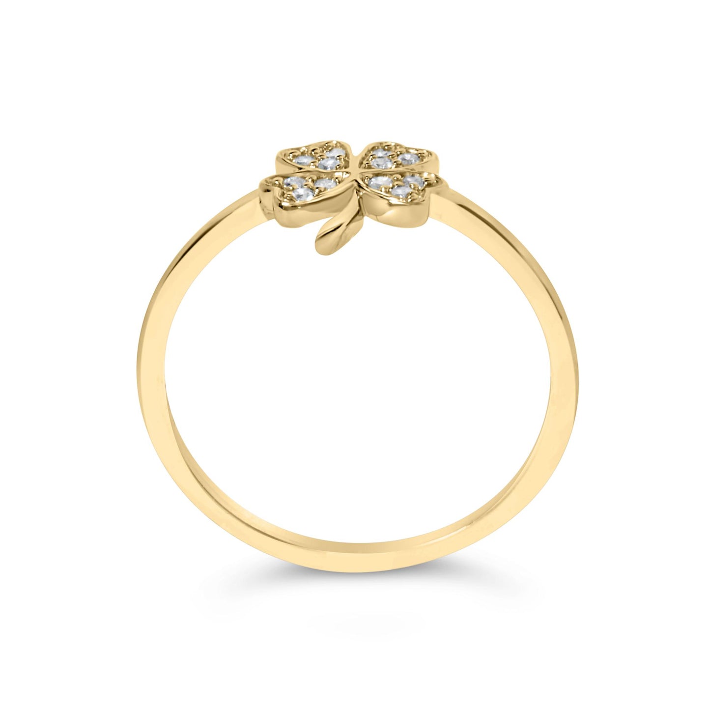 Front-facing view of a yellow metal ring with a four-leaf clover design on top, each leaf set with multiple round white gemstones in prong settings.