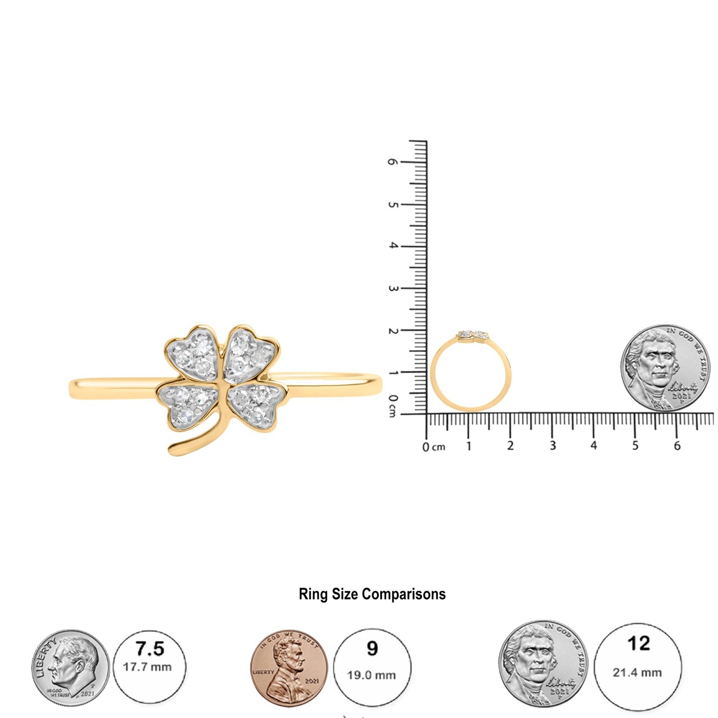 Yellow metal ring with a four-leaf clover design featuring white round gemstones in prong settings, shown in a front and side view on a scale for size reference.