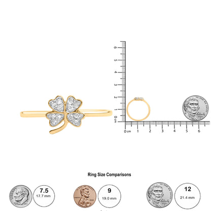 Yellow metal ring with a four-leaf clover design featuring white round gemstones in prong settings, shown in a front and side view on a scale for size reference.