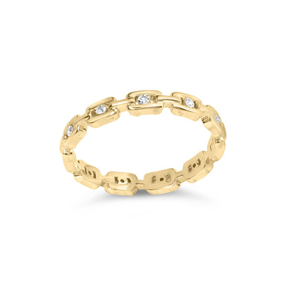 Yellow ring with linked rectangular segments each set with a white round gemstone, shown in a close-up front angle.