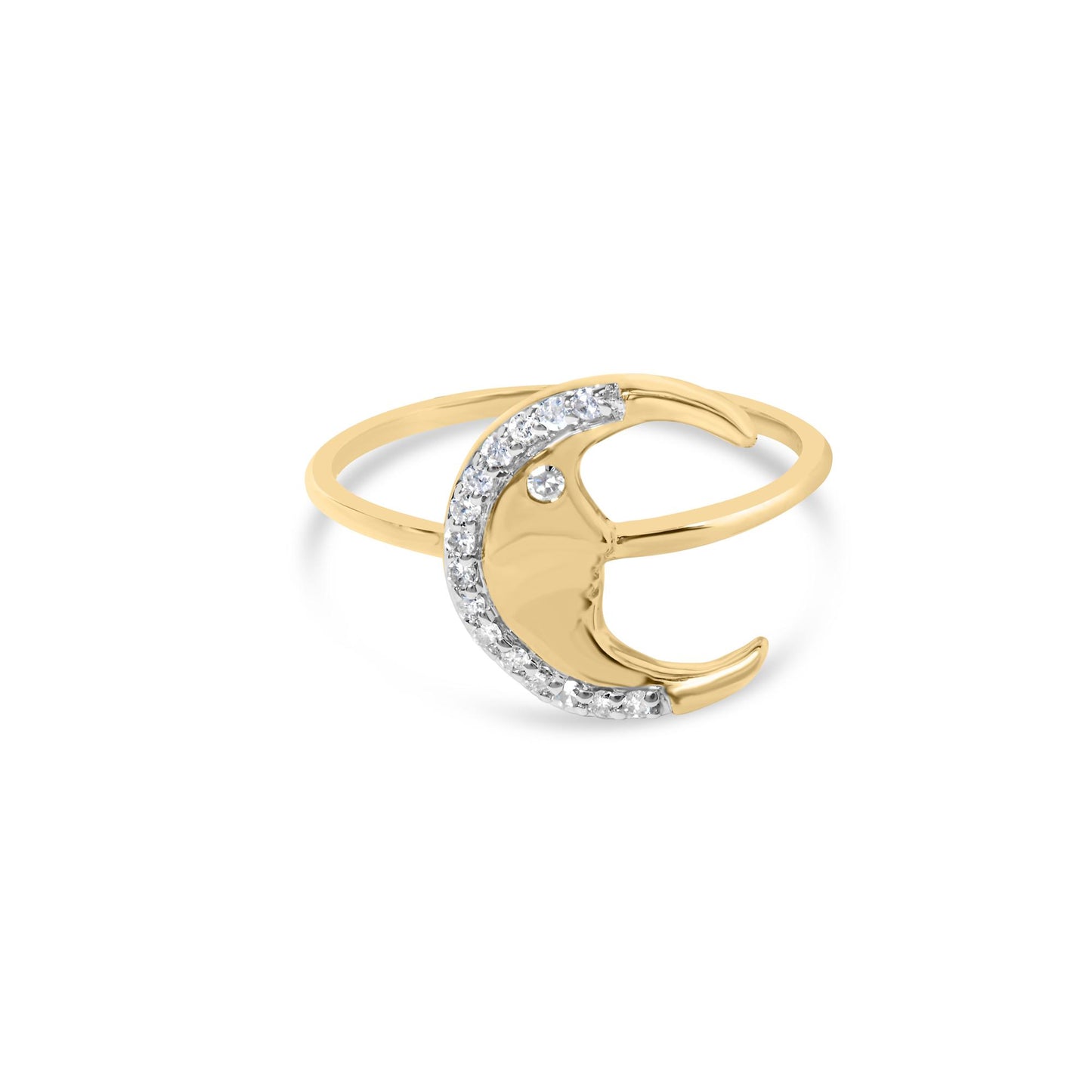 Close-up front angle of a yellow ring featuring a crescent moon design adorned with round white gemstones in a prong setting.
