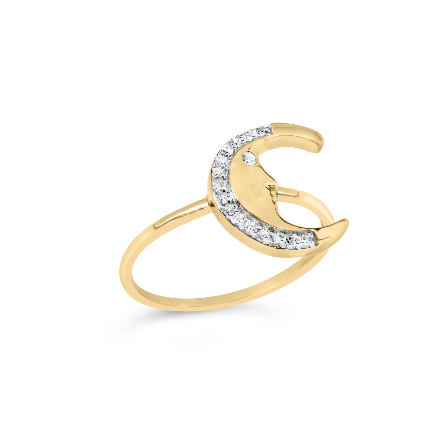 Yellow metal ring with crescent moon design featuring round white gemstones in prong setting along the curve and one gemstone as the moon's eye, shown at an angled side view.