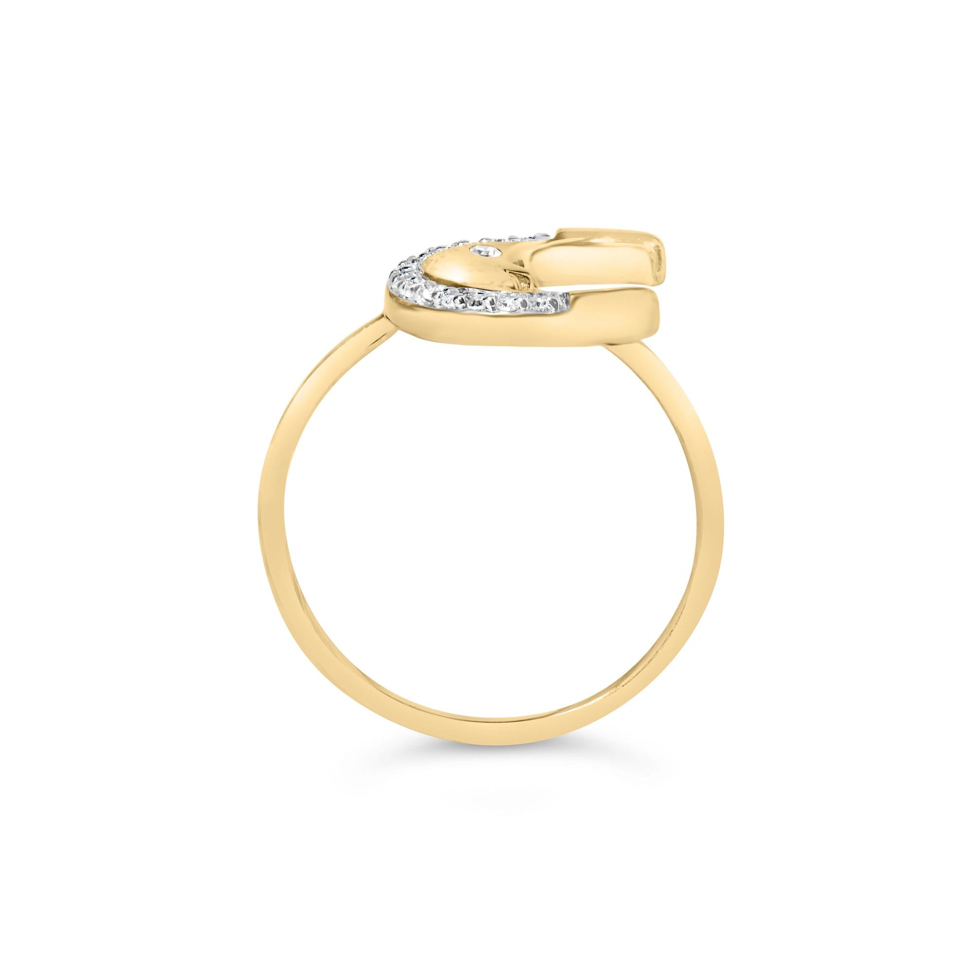Side view of a yellow metal ring with a horseshoe-shaped top adorned with white round gemstones in prong settings.