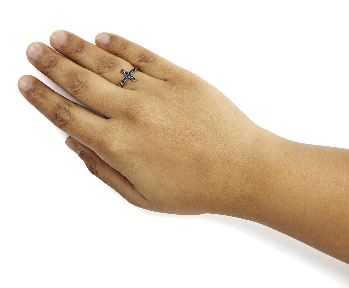 Sterling Silver 1/6 Cttw Blue Diamond Cross Stackable Ring