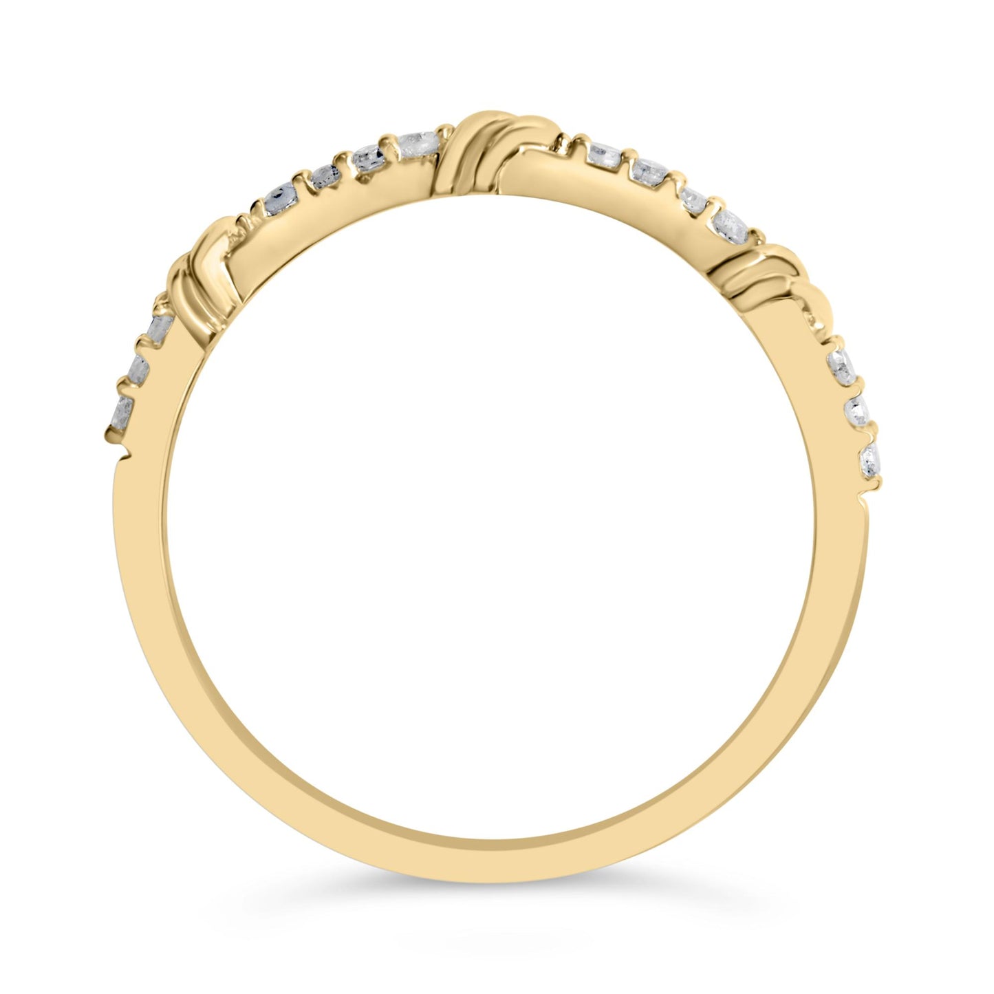 Close-up front view of a yellow metal circular ring featuring multiple round white gemstones in prong settings along the upper half.