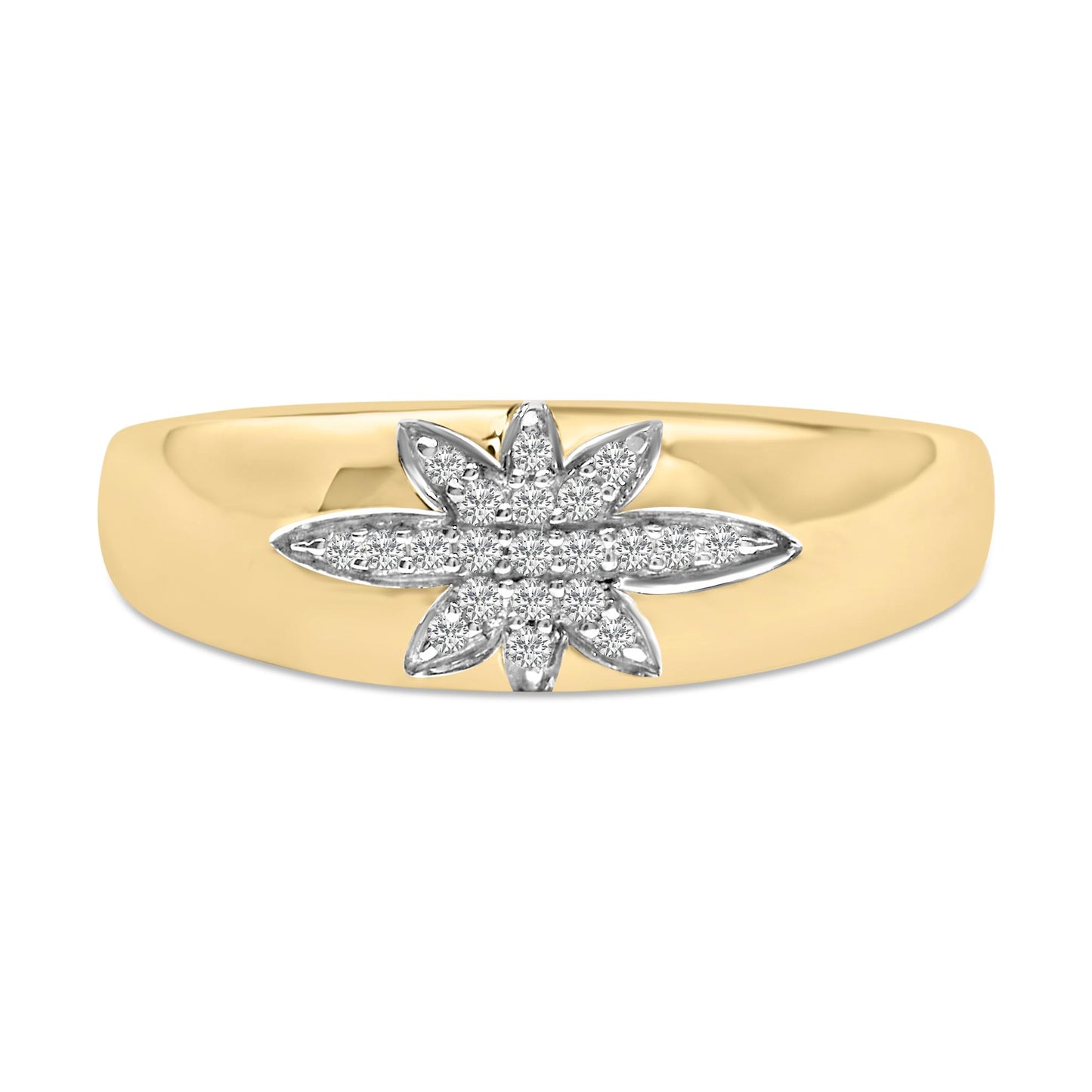 Yellow metal ring with a raised flower-shaped cluster of white round gemstones set in prongs, shown from a front angle on a white background.