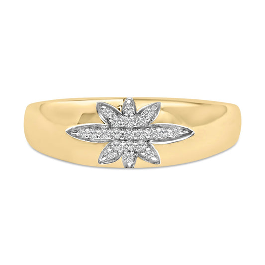 Yellow metal ring with a raised flower-shaped cluster of white round gemstones set in prongs, shown from a front angle on a white background.