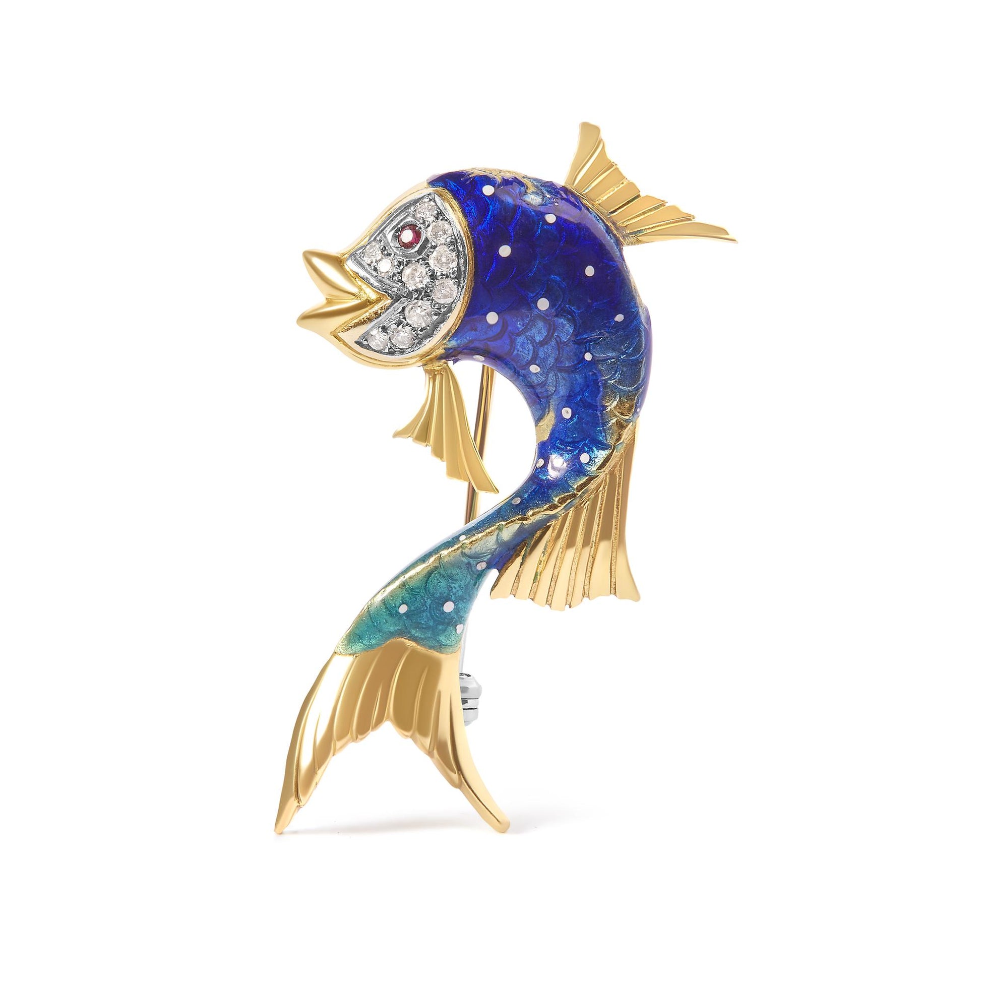 Yellow metal brooch shaped like a fish with blue and green enamel body, white round pave-set gemstones on the face and body, and one red round bezel-set gemstone as the eye, shown facing left in a studio shot.